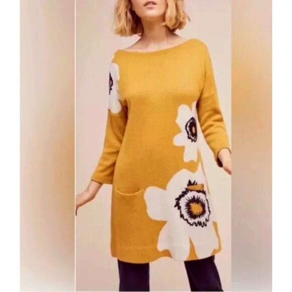 Anthropologie Field Flower Poppy Pocket Tunic Sweater Dress  Mustard Soft Sz M